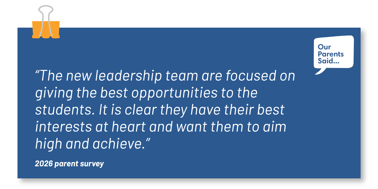 “The new leadership team are focused on giving the best opportunities to the students. It is clear they have their best interests at heart and want them to aim high and achieve.”   2026 Parent Survey Quote